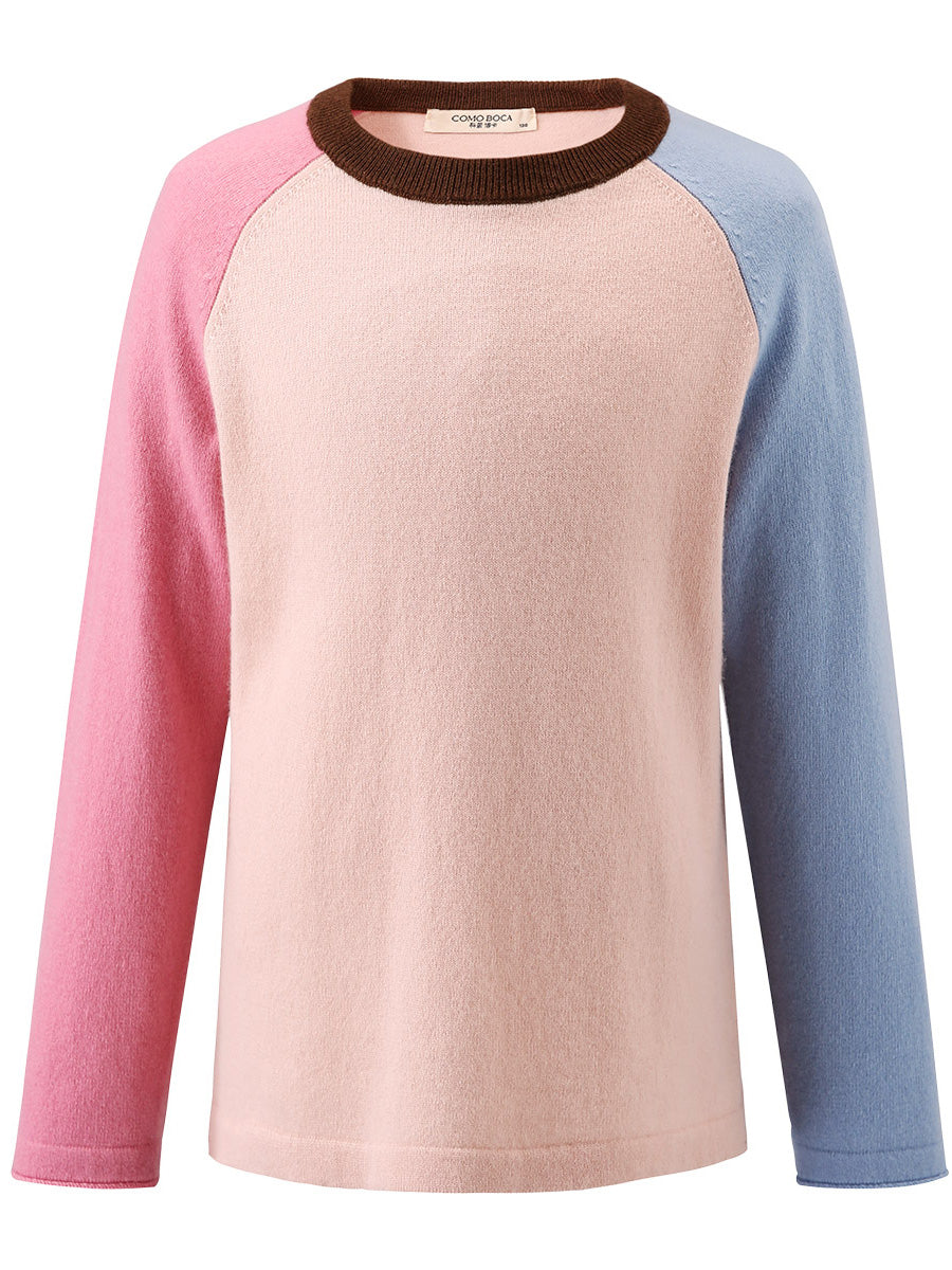 COMOBOCA Pink 100% Wool Kid's Casual Colorblock Knit Sweater