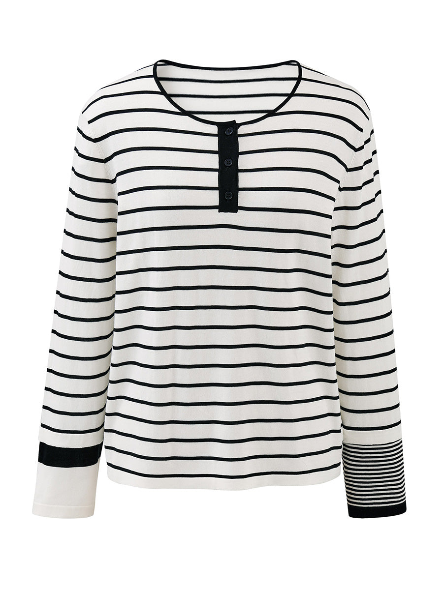 COMOBOCA Women's Stripe Henley Round Neck Sweater