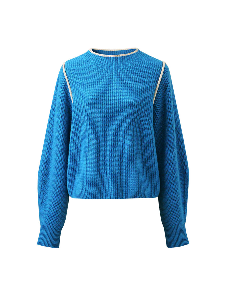 COMOBOCA 100% Wool Women's Color Block Ribbed Knit Sweater