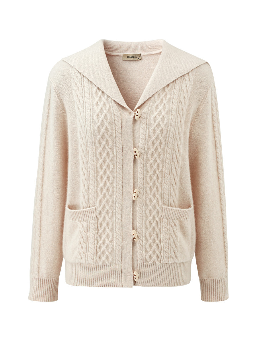 COMOBOCA 100% Cashmere Women's Sailor Collar Cable Knit Cardigan