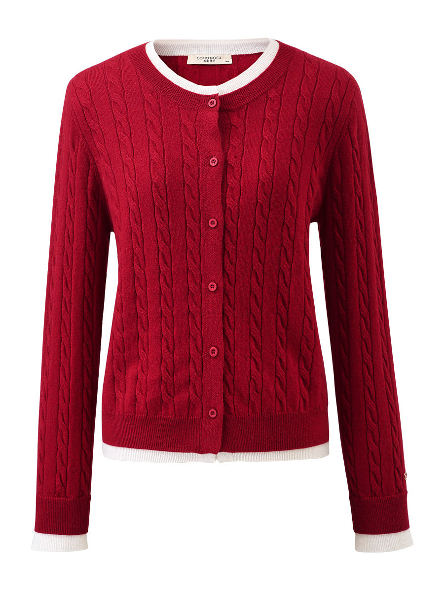 COMOBOCA 100% Wool Ribbed Cable Extra Size Knit Cardigan