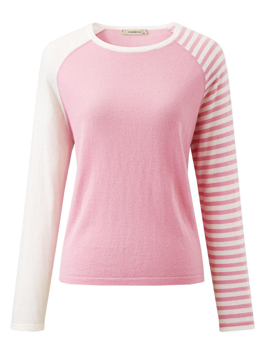 COMOBOCA 100% Wool Women's Striped Sleeve Contrast Knit Worsted Sweater