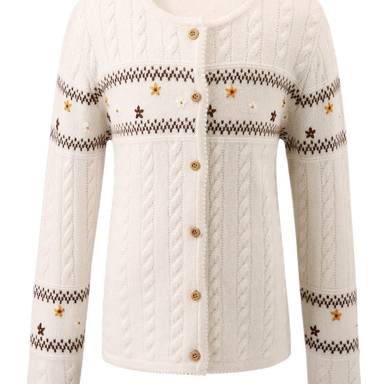 COMOBOCA 100% Wool Kid's Floral Embroidered Cable Knit Cardigan