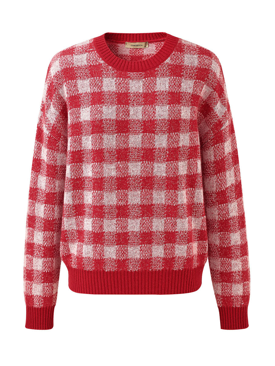 COMOBOCA 100% Cashmere Women's Checkered Round Neck Sweater