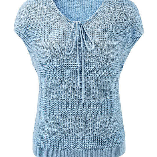 COMOBOCA Women's Tie-Neck Textured Knit Cap Sleeve Top