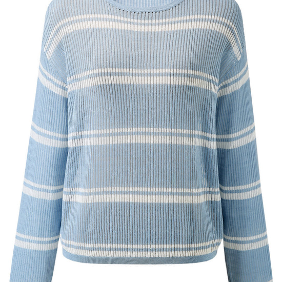 COMOBOCA Women's Striped Ribbed Round Neck Sweater