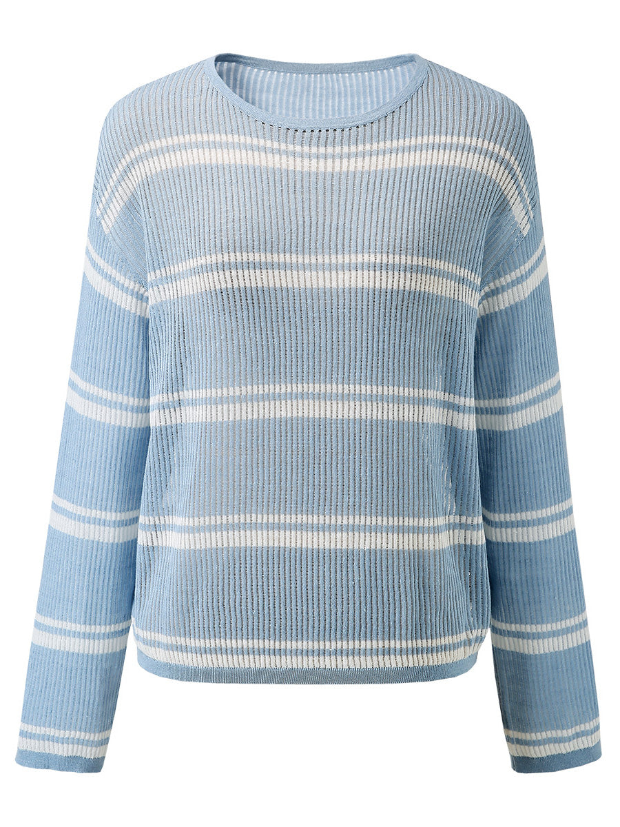COMOBOCA Women's Striped Ribbed Round Neck Sweater
