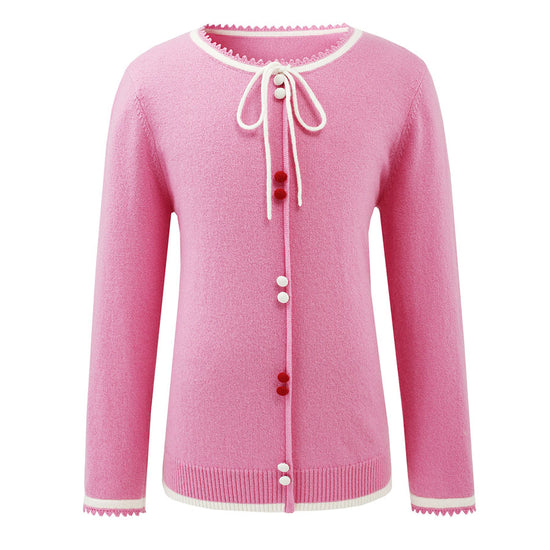 COMOBOCA 100% Wool Kids' Tie-Neck Contrast Trim Sweater