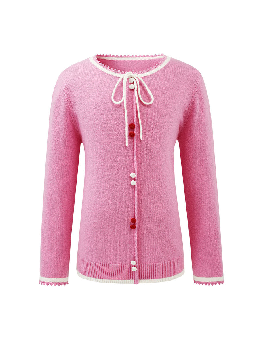 COMOBOCA 100% Wool Kids' Tie-Neck Contrast Trim Sweater