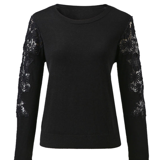 COMOBOCA Women's Lace Sleeve Round Neck Sweater