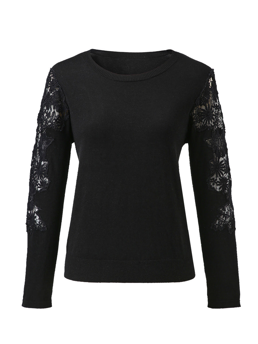 COMOBOCA Women's Lace Sleeve Round Neck Sweater