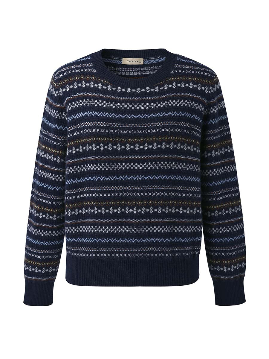 COMOBOCA 100% Cashmere Women's Fair Isle Round Neck Sweater