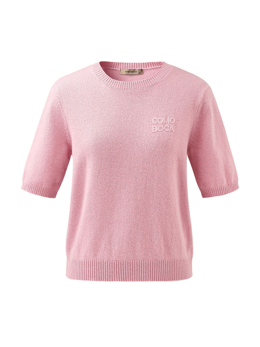 COMOBOCA 100% Cashmere Women's Embroidered Logo Short Sleeve Sweater