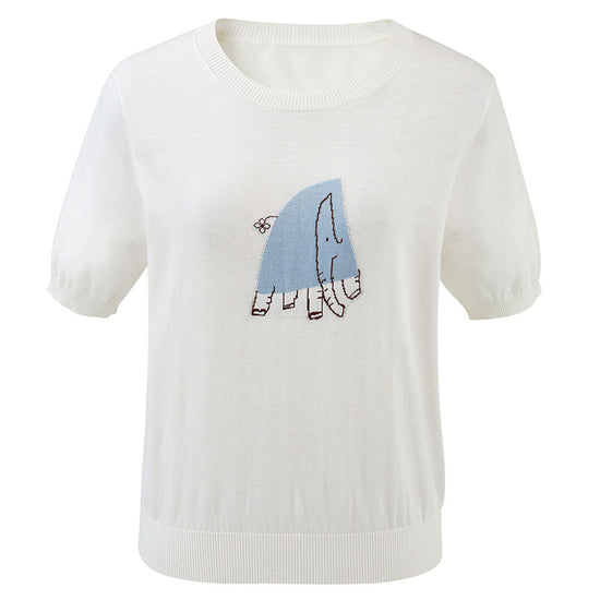 COMOBOCA Women's Elephant Intarsia Ribbed Knit T-Shirt