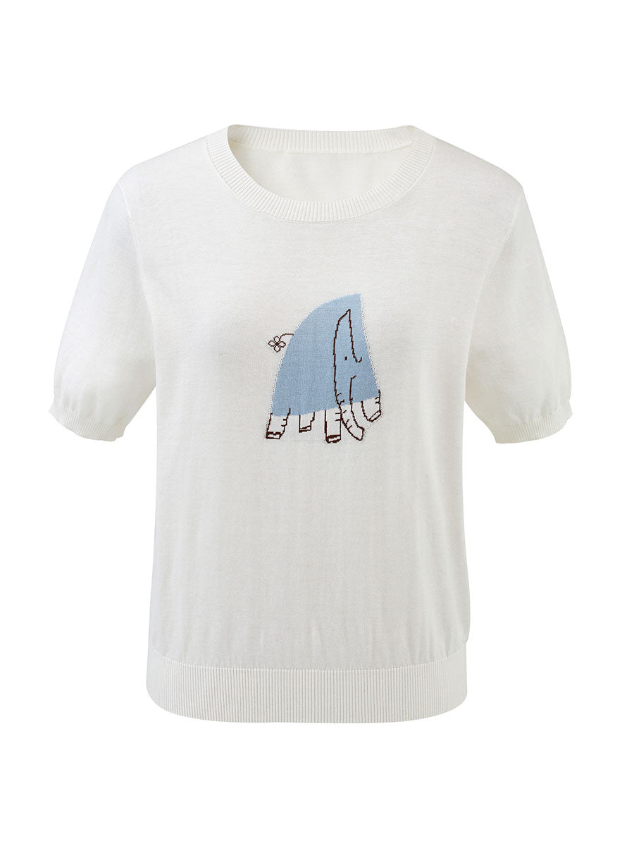 COMOBOCA Women's Elephant Intarsia Ribbed Knit T-Shirt