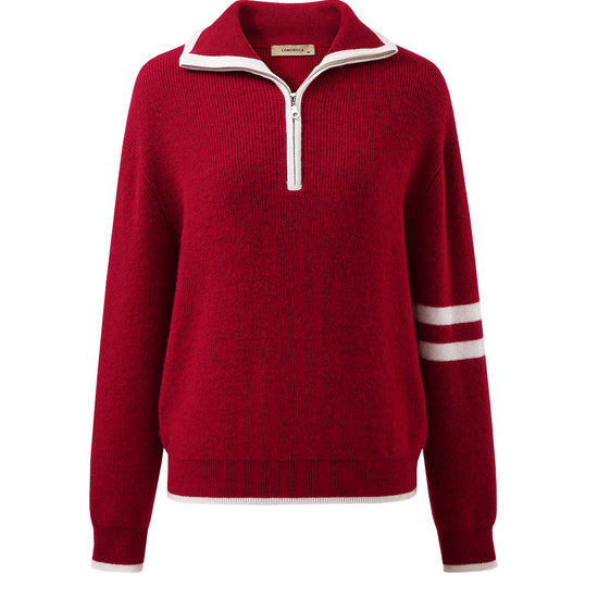 COMOBOCA 100% Cashmere Women's Contrast Trim Zip Sweater