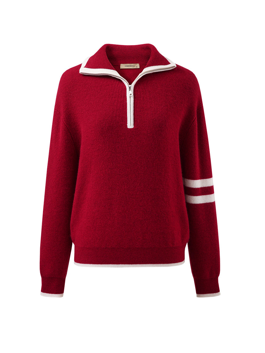 COMOBOCA 100% Cashmere Women's Contrast Trim Zip Sweater