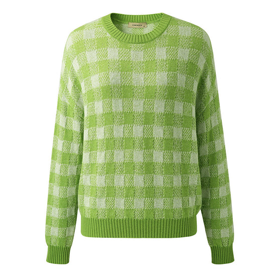 COMOBOCA 100% Cashmere Women's Checkered Round Neck Sweater