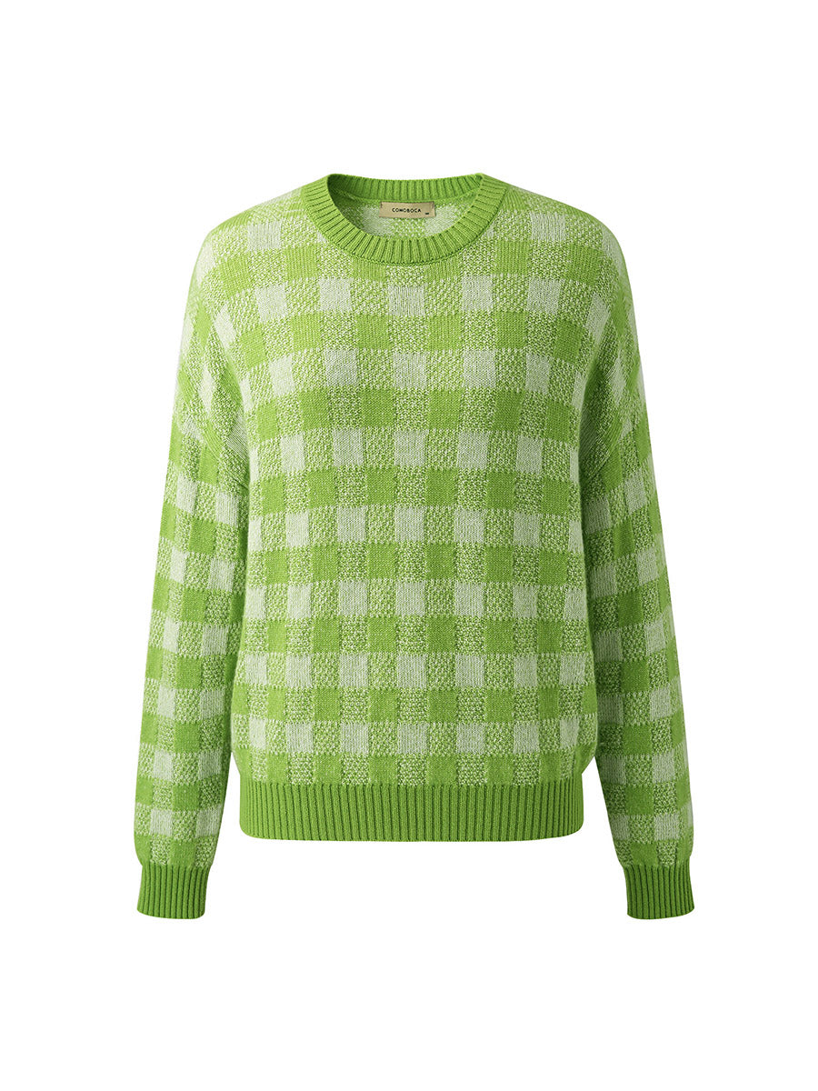 COMOBOCA 100% Cashmere Women's Checkered Round Neck Sweater