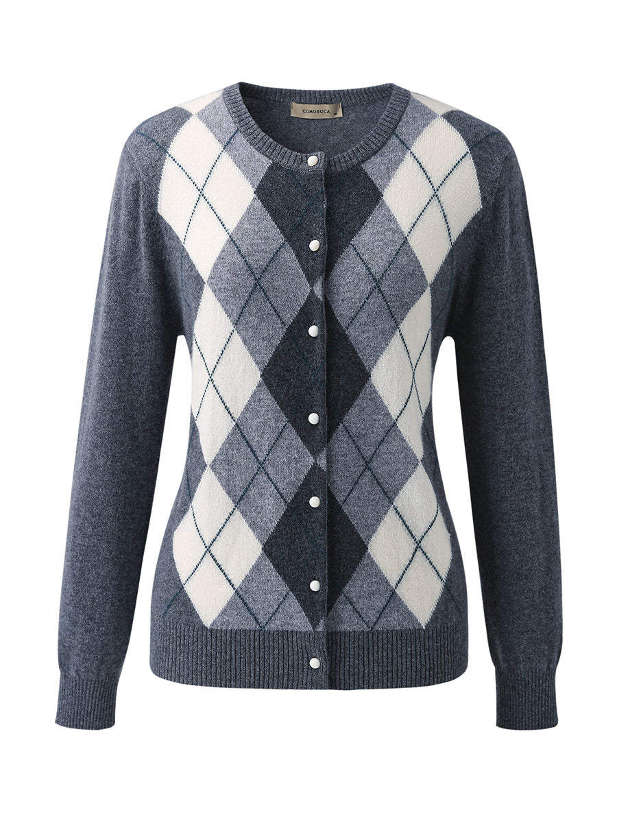 COMOBOCA 100% Cashmere Women's Argyle Pattern Cardigan