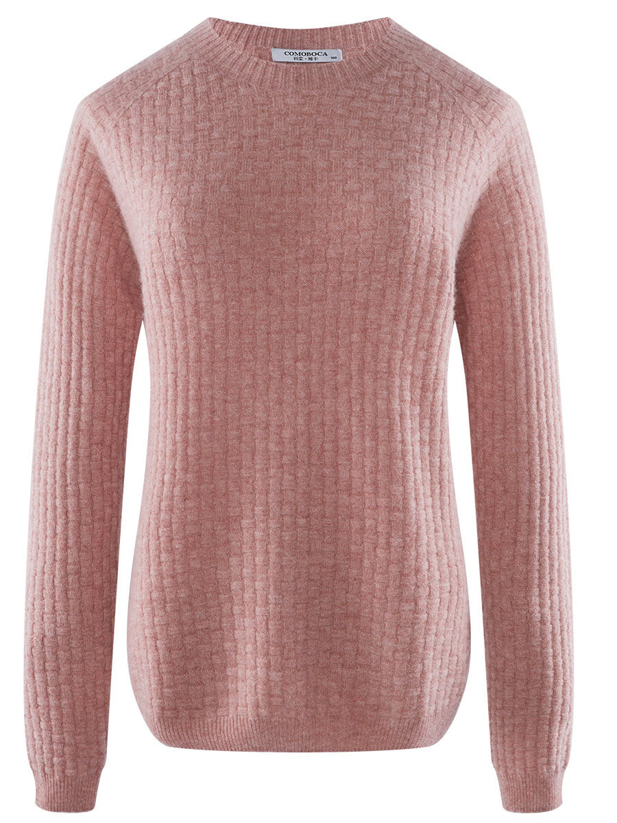 COMOBOCA Pink 100% Cashmere Women's Round Neck Ribbed Knit Sweater