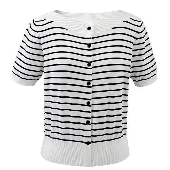 COMOBOCA Women's Striped Short Sleeve Knit Cardigan