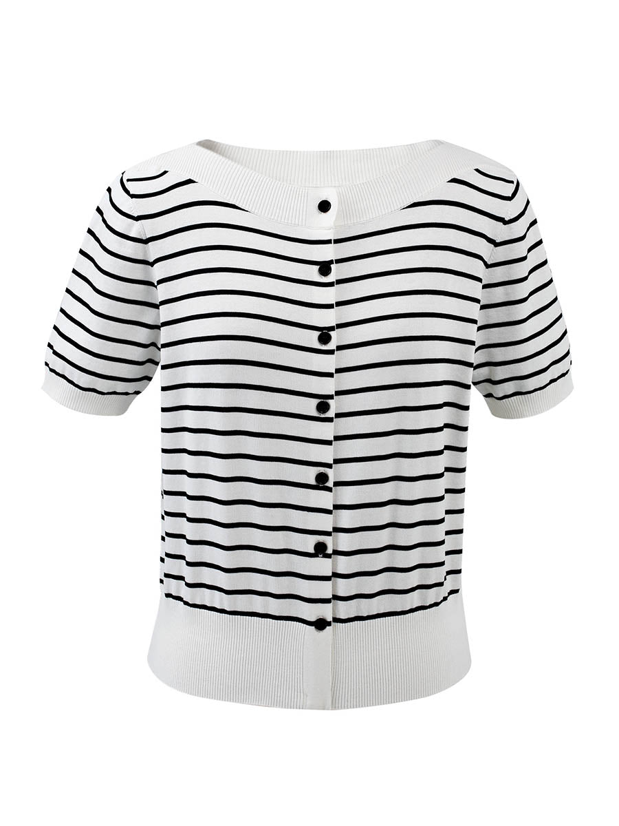 COMOBOCA Women's Striped Short Sleeve Knit Cardigan