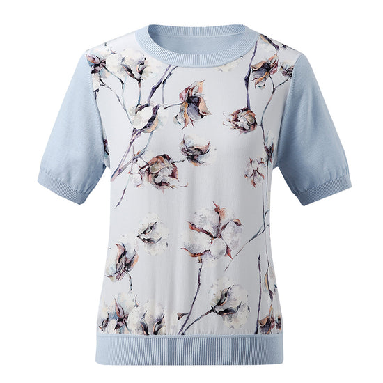COMOBOCA Women's Cotton Silk Floral Ribbed Print Knit T-Shirt