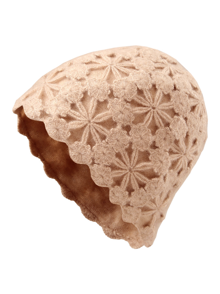 COMOBOCA 100% Cashmere Women's Floral Crochet Knit Beanie