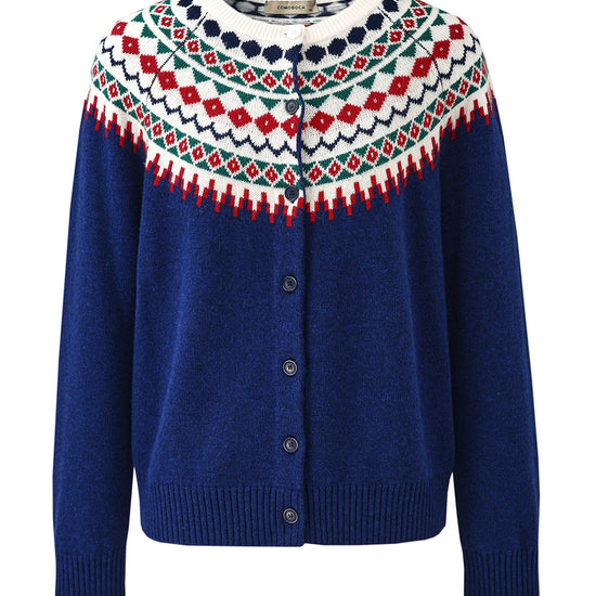 COMOBOCA 100% Wool Women's Fair Isle Inspired Button Down Cardigan