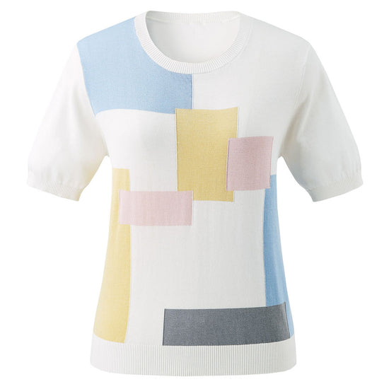 COMOBOCA Women's Geometric Color Block Fine Knit T-Shirt