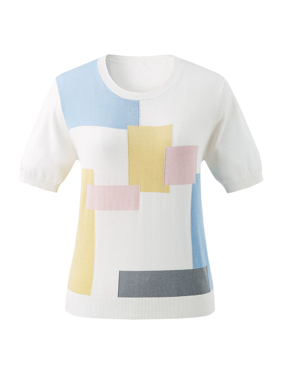 COMOBOCA Women's Geometric Color Block Fine Knit T-Shirt
