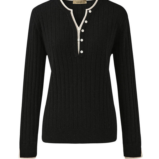 COMOBOCA 100% Wool Women's Ribbed Contrast Trim Sweater