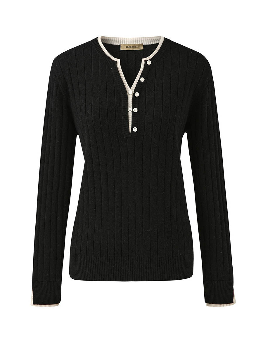 COMOBOCA 100% Wool Women's Ribbed Contrast Trim Sweater