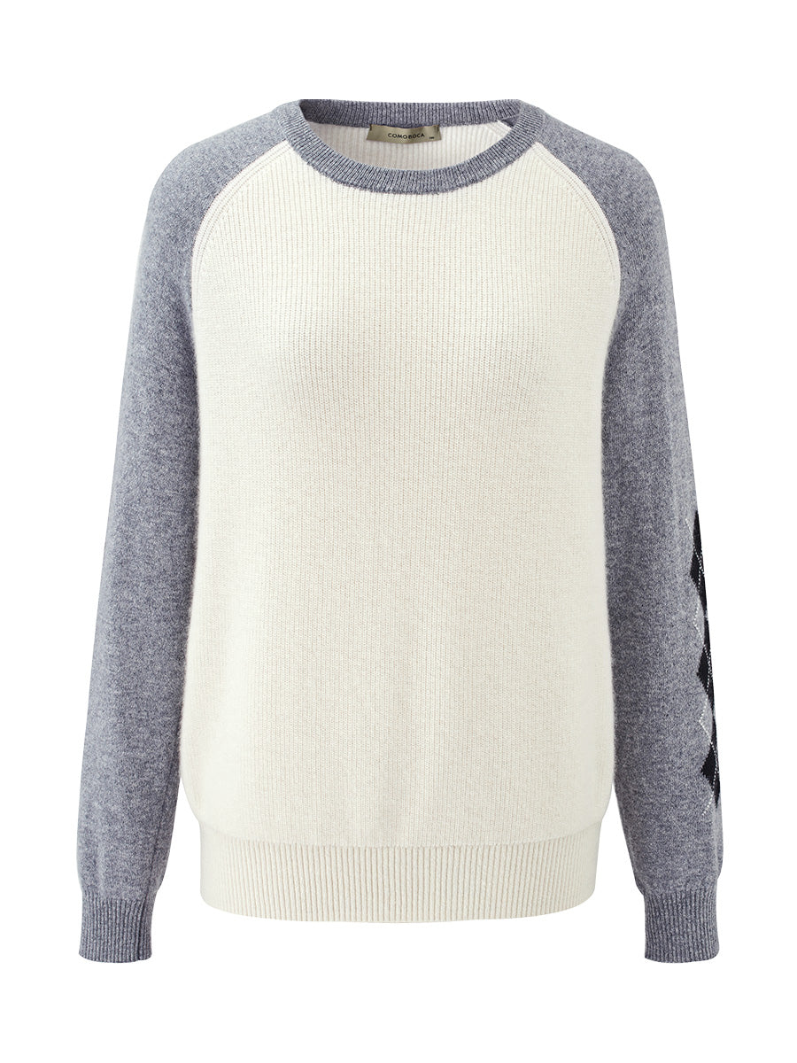 COMOBOCA 100% Cashmere Women's Color Block Round Neck Sweater