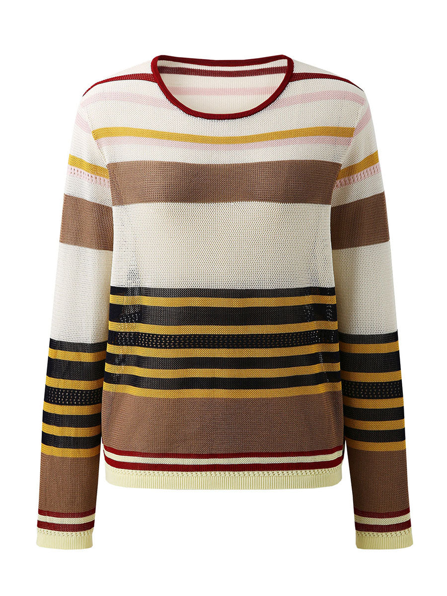 COMOBOCA Women's Multi Striped Mesh Knit Round Neck Sweater