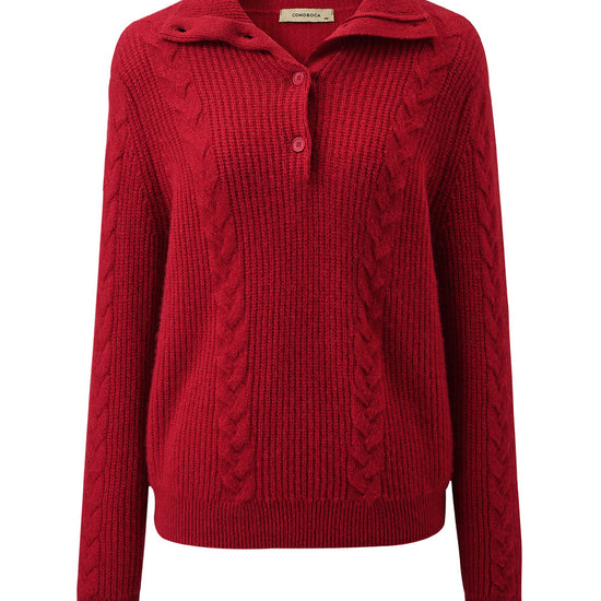 COMOBOCA 100% Cashmere Women's Button Neck Cable Knit Sweater