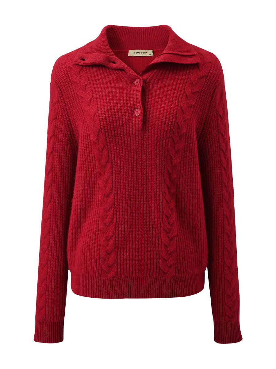 COMOBOCA 100% Cashmere Women's Button Neck Cable Knit Sweater