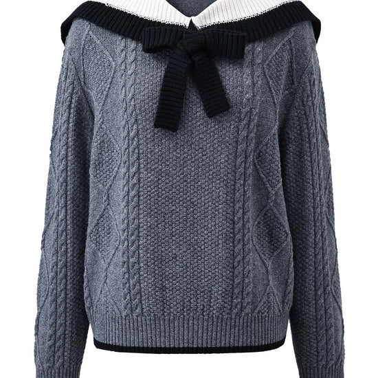 COMOBOCA 100% Wool Women's Cable Knit Sweater with Bow Collar