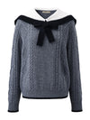 COMOBOCA 100% Wool Women's Cable Knit Sweater with Bow Collar