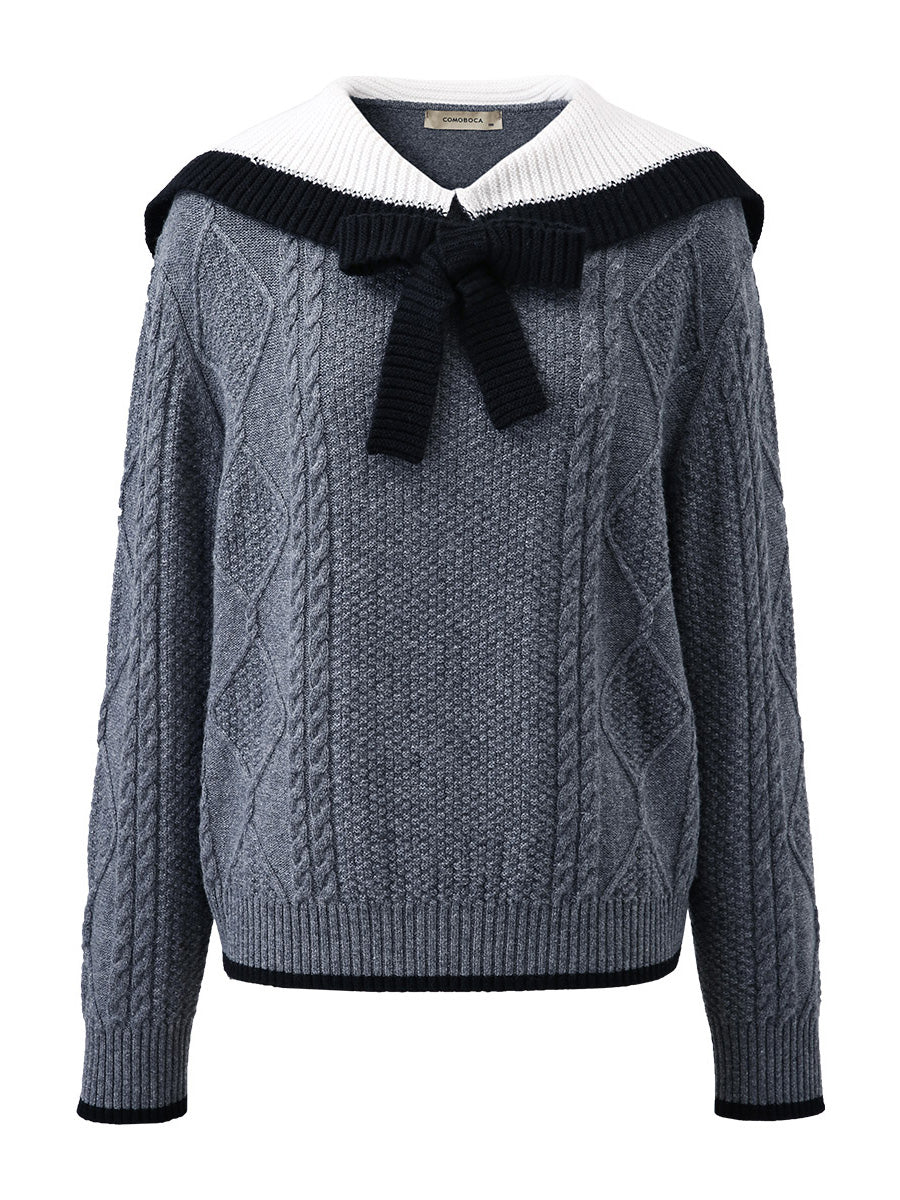 COMOBOCA 100% Wool Women's Cable Knit Sweater with Bow Collar