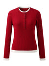 COMOBOCA Women's Ribbed Contrast Trim Henley Knit Sweater
