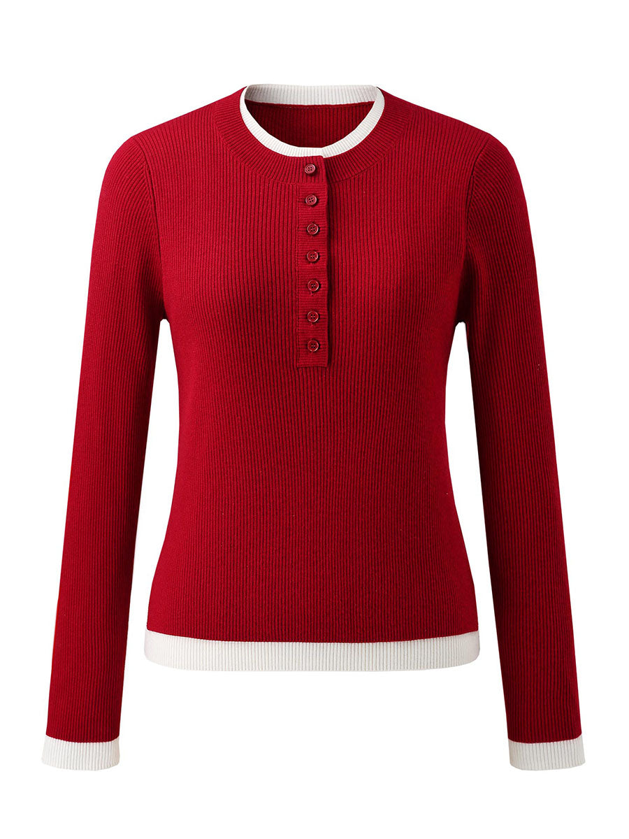 COMOBOCA Women's Ribbed Contrast Trim Henley Knit Sweater