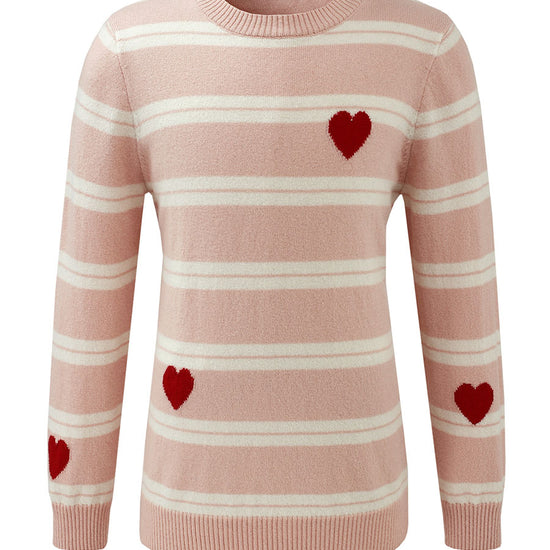 COMOBOCA 100% Wool Kids' Striped Heart Round Neck Sweater