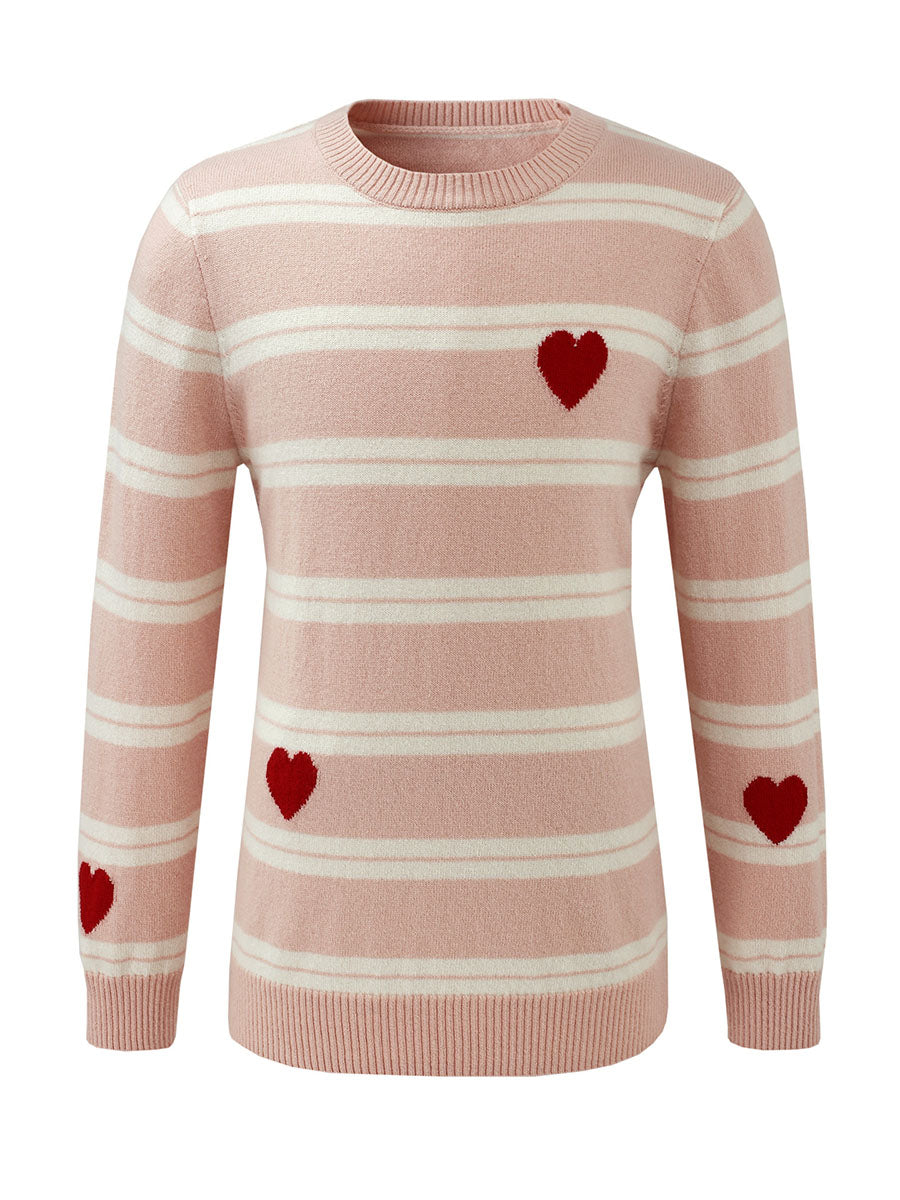 COMOBOCA 100% Wool Kids' Striped Heart Round Neck Sweater