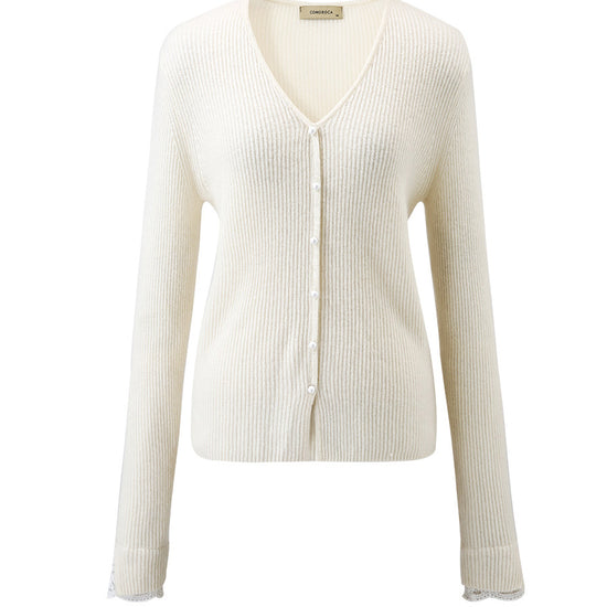 COMOBOCA 100% Cashmere Women's Faux Button Sweater with Lace Cuff