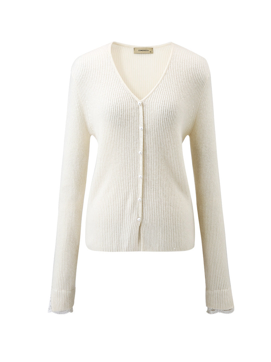 COMOBOCA 100% Cashmere Women's Faux Button Sweater with Lace Cuff