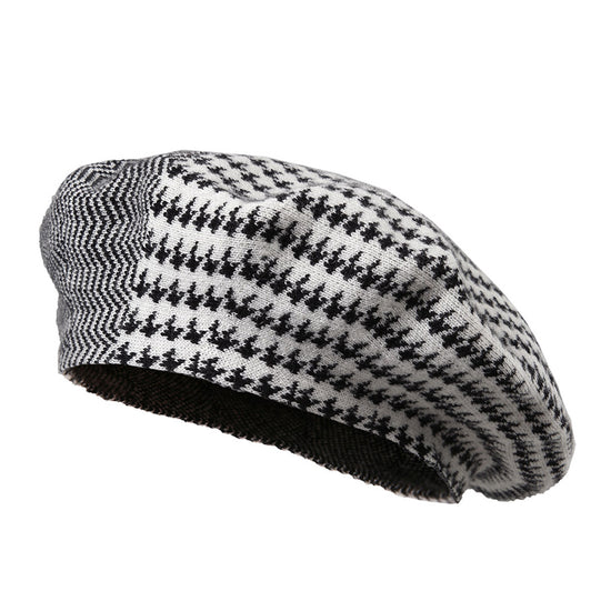 COMOBOCA 100% Cashmere Elegant Houndstooth Knit Beret