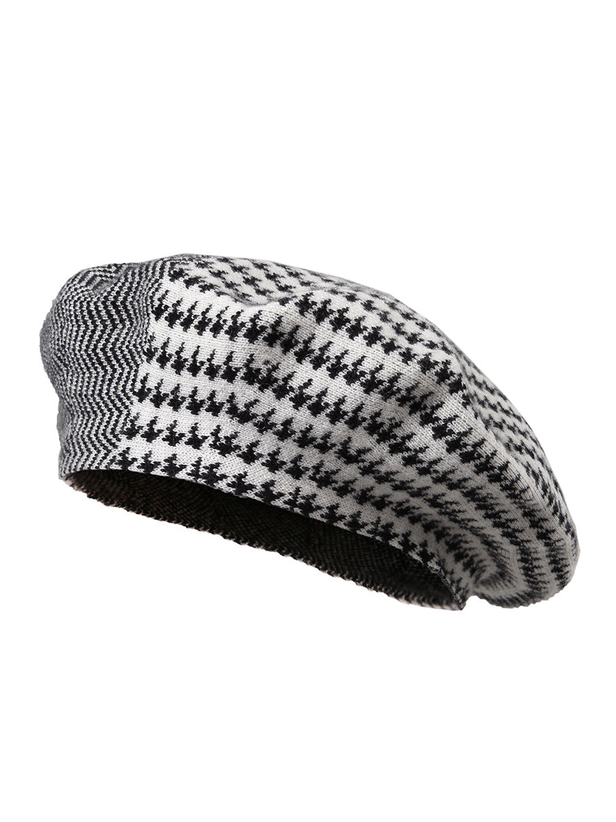 COMOBOCA 100% Cashmere Elegant Houndstooth Knit Beret