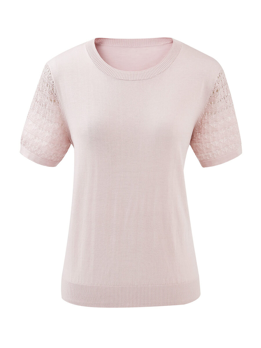 COMOBOCA Women's Lace Round Neck Knit T-Shirt